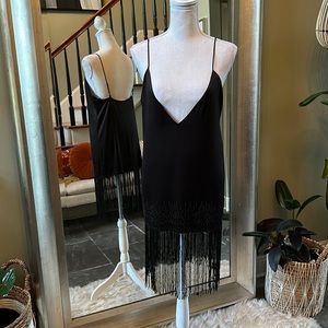 Black shift dress with fringe beaded hem